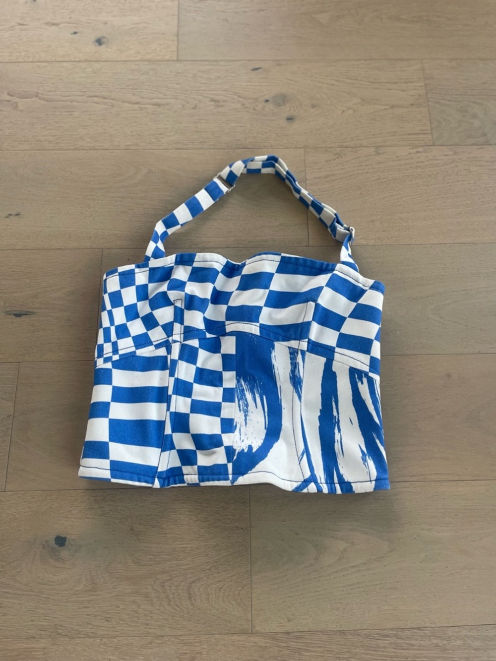 Christopher John Rogers Blue and White Wave & Check Denim Halter Top Size 8 NWT - Picture 5 of 8